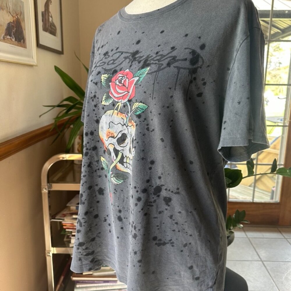 Ed Hardy Womens Distressed Tee, Gray and Black, L, Skull and Rose Design - Picture 2 of 14